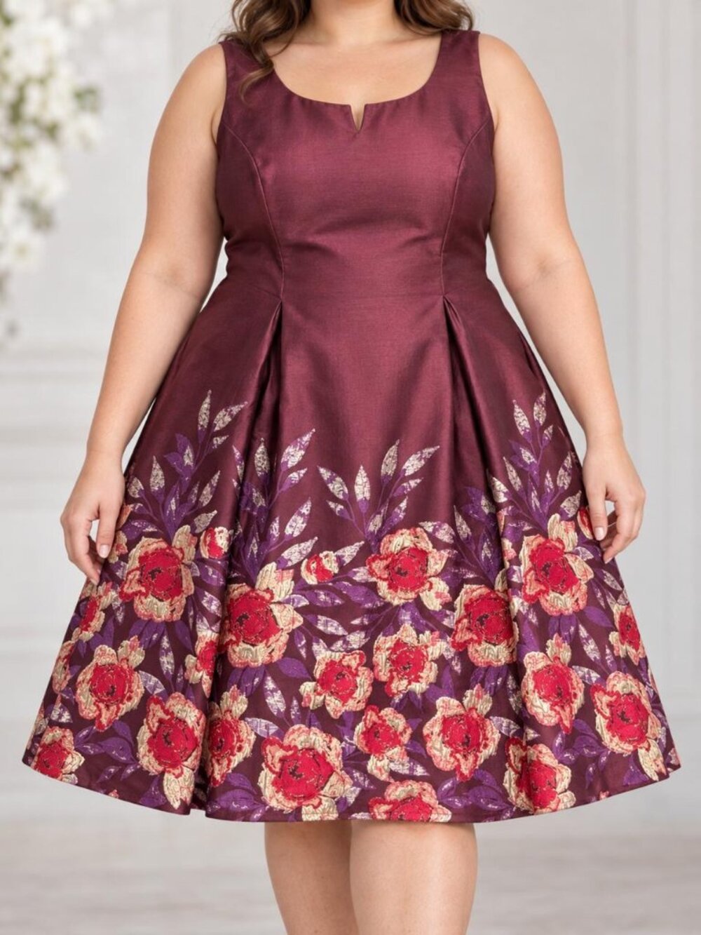 Adrianna Papell Dress Women Plum Floral Notch Scoop Neck Midi 24W Pockets NWT